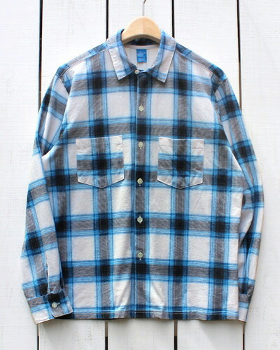 Good On Ombre LS Open Shirts long sleeve check print Ivory / black blue グッドオン グットオン オープンカラー シャツ / 長袖 オンブレ チェック プリント Tシャツ生地 ボタン アイボリー ブラック ブルー 日本製 goodon