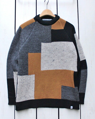 Peregrine Patch Work Sweater / crew knit raglan / Black Multi ペレグリン パッチワーク セーター クルーネック ニット ブリティッシュ ウール ブラック マルチ made in UK イギリス製 英国 pere grine england