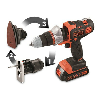 【中古】 ブラックアンドデッカー(BLACK+DECKER) マルチツール 18V EVO183B1 ドリルドライバー・ジグソー・サンダーのヘッドアタッチメント、ビット11種、バッテリー×2、専用キットボックス付き|ベアホームズ
