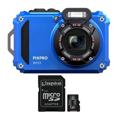 【中古】（新古品） Kodak PIXPRO WPZ2 牢固たるな雨合羽16MPデジタル写真機 4倍光学望遠レンズ付き添い人(青み) 32GB UHS-I microSDHC記憶装置歌留多 SDアダプタ付き添い人 (2科目)