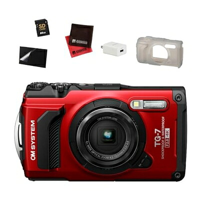 【中古】（新古品） オーエムシステム 手ごわい TG-7 デジタル写真機 赤いこと＆ケイ素樹脂上衣＆SD64GB＆差し交わす＆AC申し受ける器＆液晶写真フィルム 仕掛ける