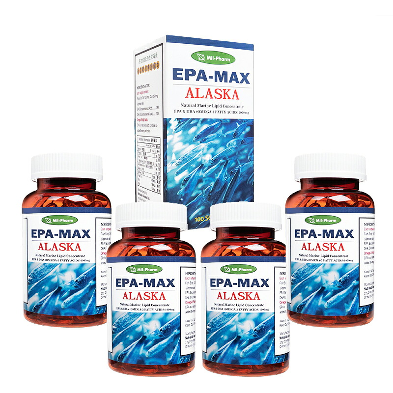 EPAMAXアラスカフィッシュオイル 1000mg 100錠 4本DHA EPA オメガ3脂肪酸 ヤマト国際便発送 海外通販 正規品 日時指定不可