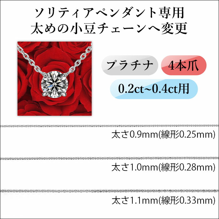 ★全品ポイント２倍/4月4日20:00～10日01:59★ 【太めの小豆チェーンへ変更】 （ソリティアペンダント専用） ［プラチナ 4本爪デザイン 0.2ct~0.4ct用］ ご希望の小豆チェーンの太さをお選びください。