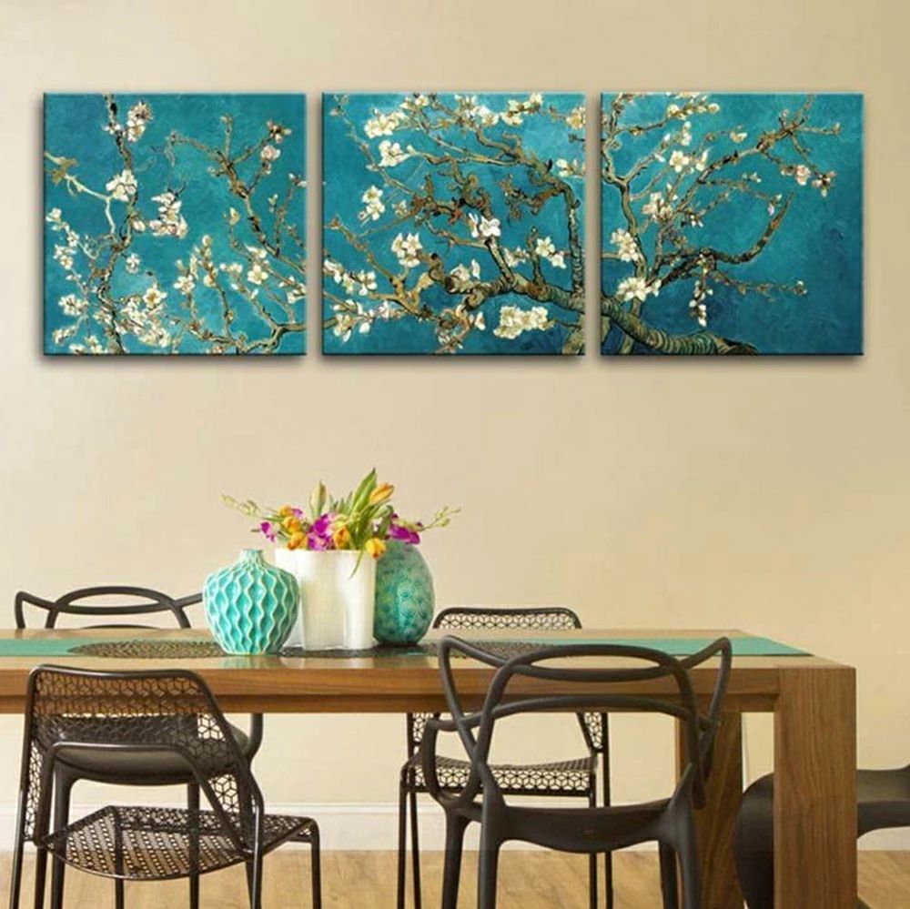 ファブリックパネル 3枚 図面 室内装飾 絵 工芸ひな形 花咲く扁桃の木の枝 ゴッホ プリキャンバス書きうつす画 一般受け40×40珊 飾りつけ 今めかしい 部屋の入り口 リビング 工芸ダイアログボックス リビング 差し上げ物 貨物輸送無料