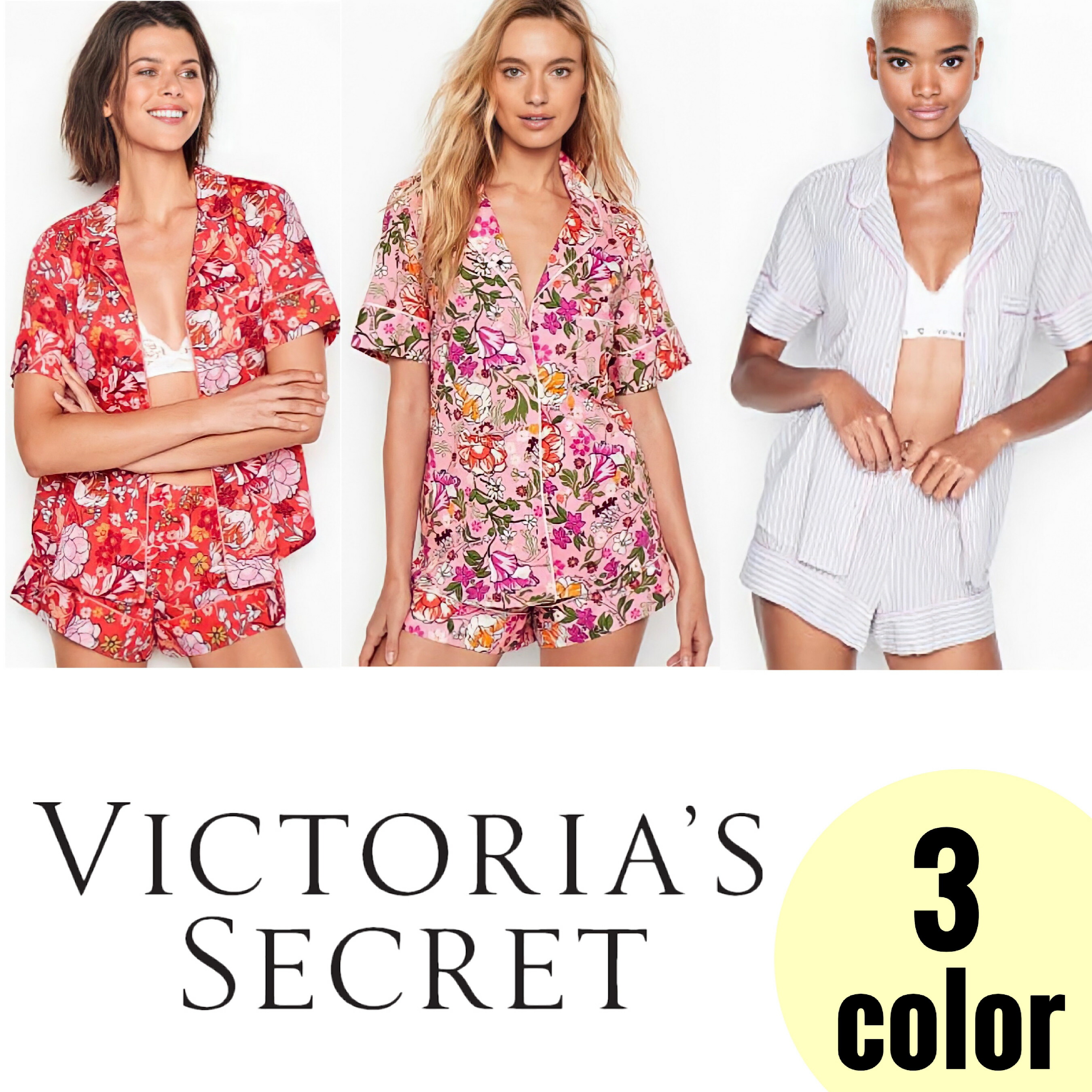 楽天市場 ヴィクトリアシークレット パジャマ 半袖 ３色展開 Victoria S Secret ボタンタイプ 花柄 ストライプ フラワー エステ 美容商材ビューティハーズ