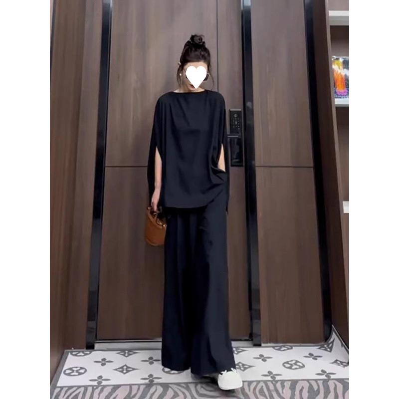 セットアップ レディース 夏 シフォン ブラウス フリル袖 ワイドパンツ 2点セット ブラック きれいめ エレガント 通勤 オフィス 普段使い ポリエステル トレンド シンプル 体型カバー