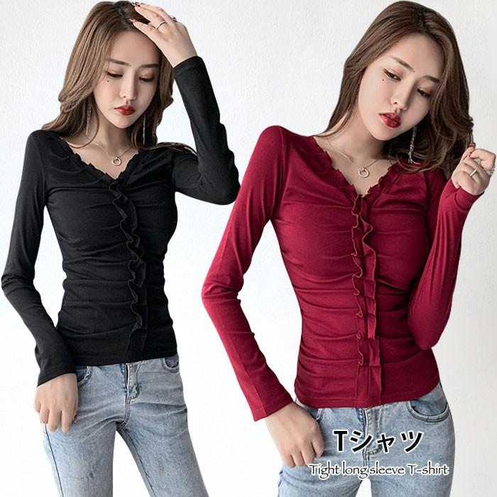 Tシャツ レディース タイトTシャツ 長袖 フリル付き Vネック タイト ストレッチ 伸縮性 ショート丈 ギャザー トップス プルオーバー 春新作 バレンタイン プレゼント
