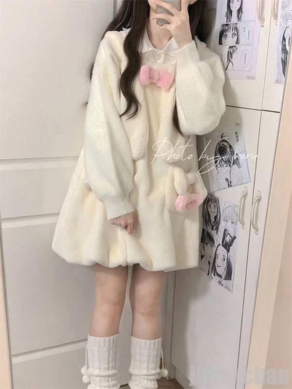 新生活 ワンピース つりワンピース ニットワンピース レディース ノースリーブ 秋冬膝上丈 可愛い lolita ロリータ リボン クリスマス もこもこ S M L XL ホワイト 森ガール 着まわし
