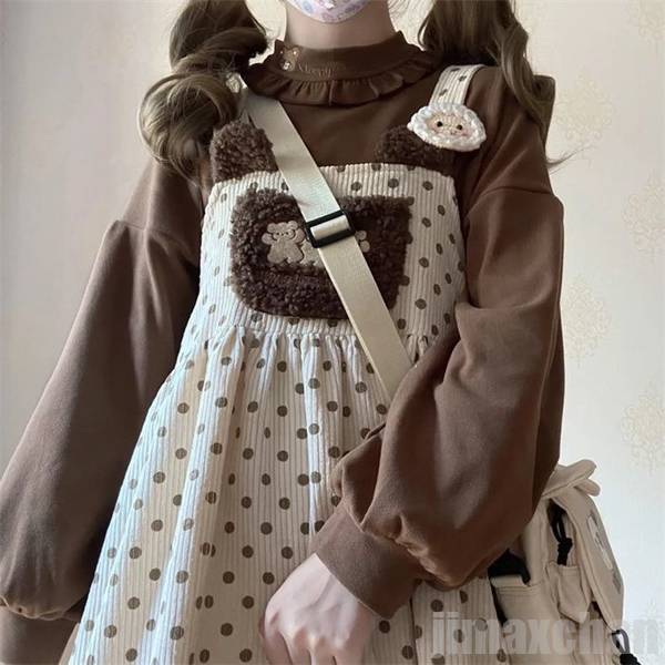 新生活 ワンピース つりワンピース ニットワンピース レディース ノースリーブ コーデュロイ 秋冬膝上丈 可愛い lolita ロリータ くまリボン もこもこ S M L ブラウン 森ガール|BeautyANNShop