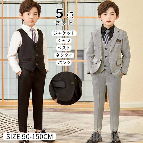 新生活 気楽 フォーマルスーツ 男の子 スーツ 子供フォーマル 正統派スーツ 5点セットスーツ ロングパンツ シャツ ベスト ジャケット ネクタイ ジュニア おしゃれ 子供 発表会 秋冬｜BeautyANNShop