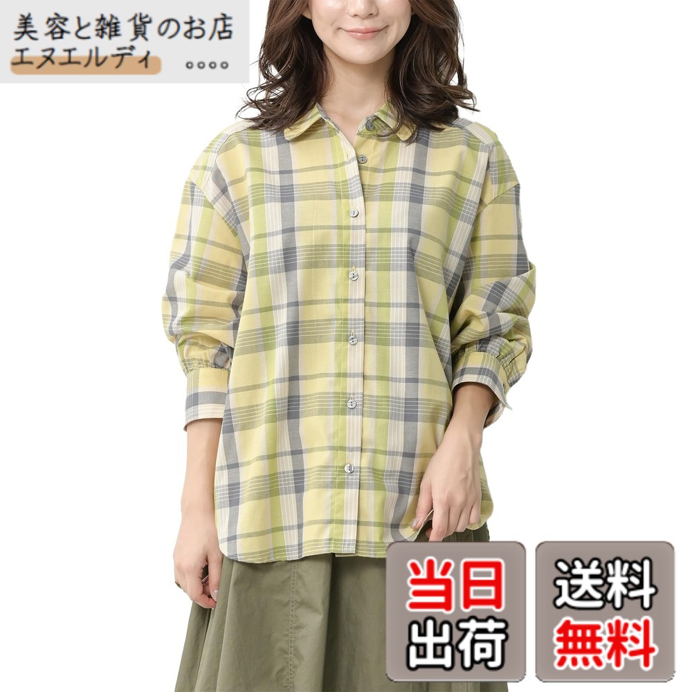 【送料無料】[JANJAM] 大きいサイズ レディース 麻混シャツ 長袖 前開きボタン あさリラ UVカット 速乾 トップス 色：格子中、サイズ：5L