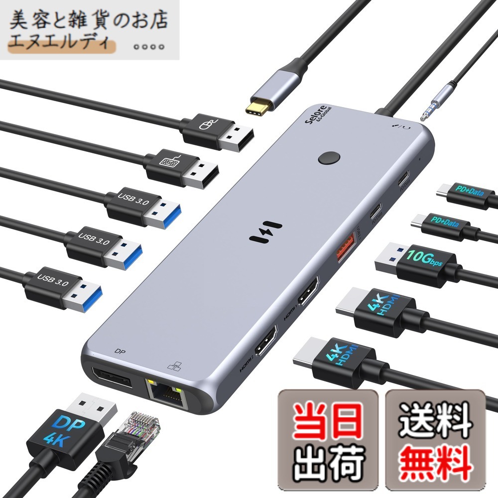【送料無料】USB C ハブ ドッキングステーション hdmi 2ポート 4画面拡張可能 4K対応 100W 急速充電 Displayport VGA 2 USB A 2.0 MacBook Pro/Air 2020 Dell XPS 13/15 Lenovo Yoga HPなどタイプC機種に対応 色：シルバー、サイズ：13in1