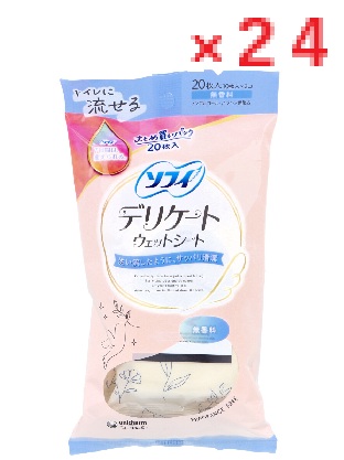 【２４個セット】ユニ・チャーム ソフィ デリケートウェットシート 無香料 20枚（10枚入×2コ）　4903111343188 【ユニチャーム　ユニ・チャーム　ウエットシート　ふき取りシート　拭き取り　トイレに流せる　ノンアルコールk】