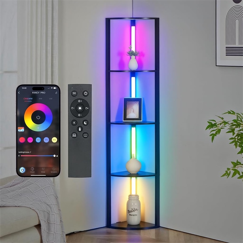 64インチ コーナーシェルフ フロアランプ リビングルーム用 調光機能付き LEDキュリオキャビネット スタンディングランプ ディスプレイシェルフ付き 背の高いフロアランプ 頑丈なコーナーディスプレイキャビネット - ファンシーエッジ ブラック