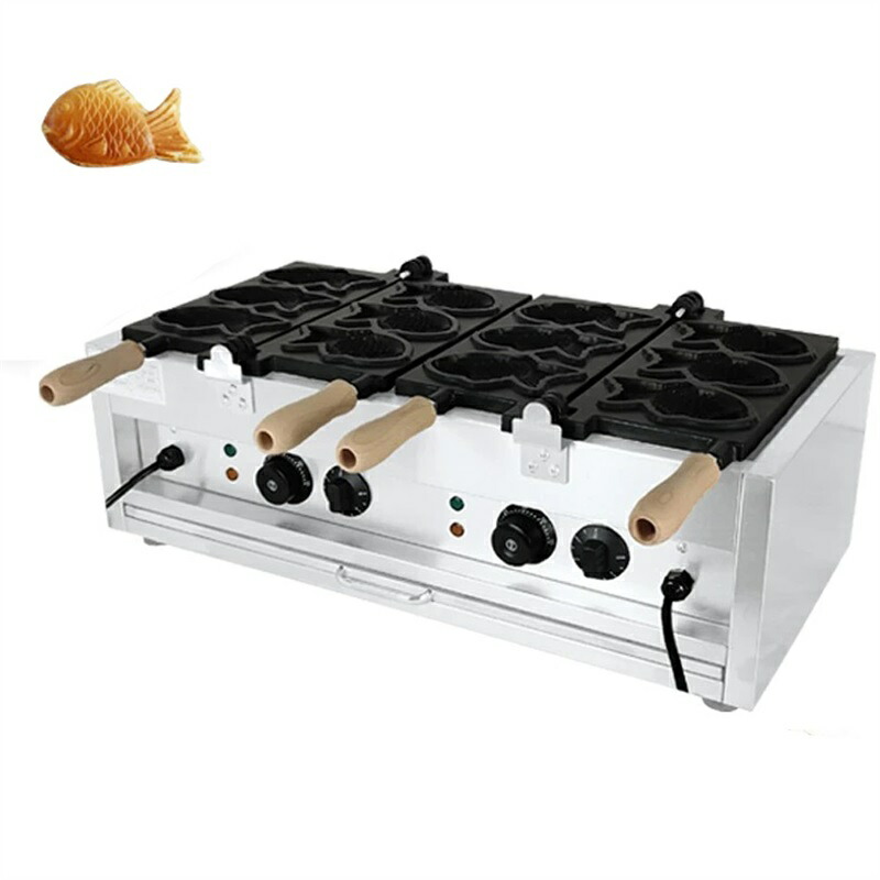 たい焼き器 鯛焼き製造会社 電動鯛焼き機 灯し火たい焼き機 灯し火熱するたい焼き焙煎機 灯し火熱する鯛型ベーキングマシン 6枚焼き重ね合わせ式 第四次元・気温抑えつける役立つこと付き添い人 取りはずし能力のあるな受け皿