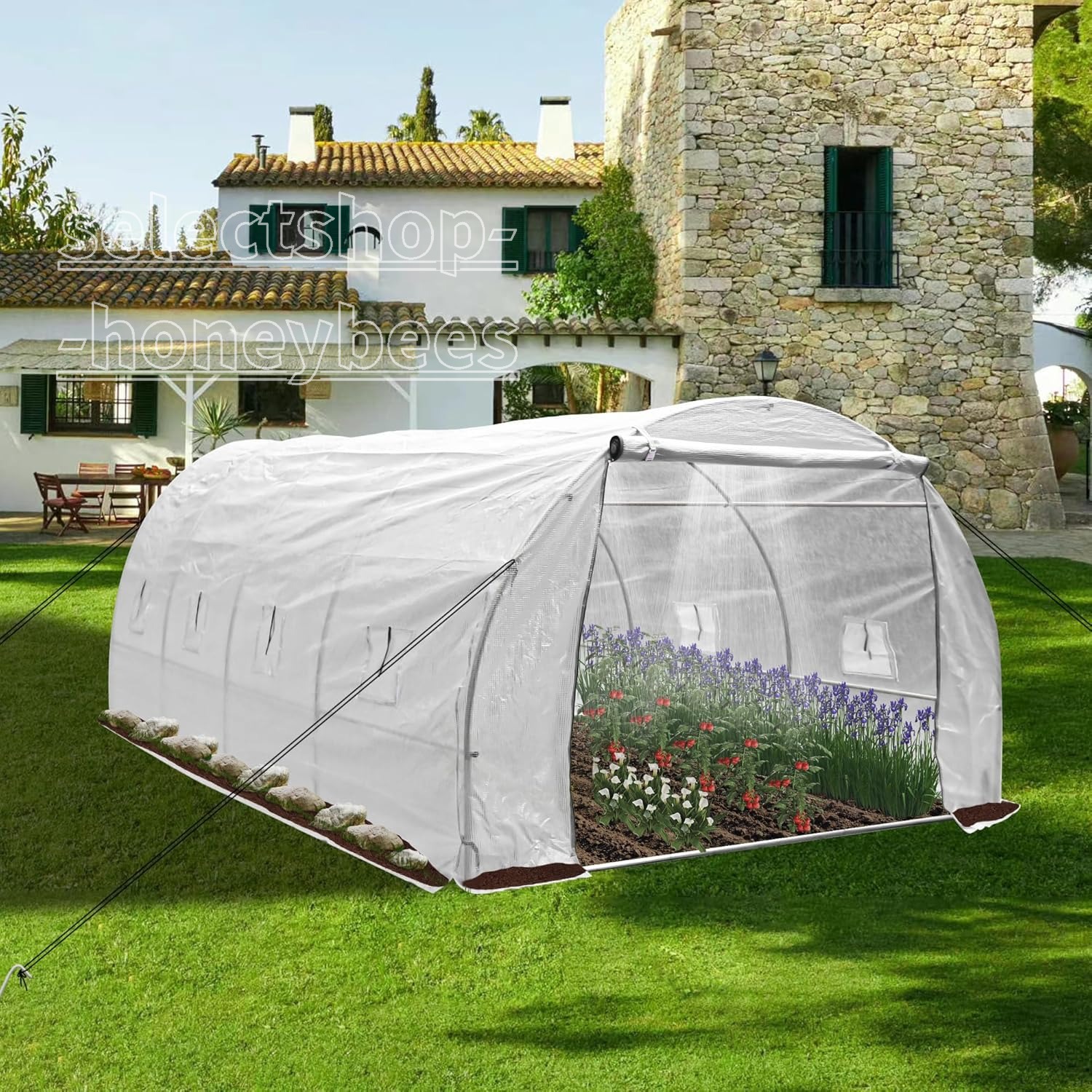 ビニールハウス 大型 6m×3m×2.2m 温室 ビニールハウス 家庭用 ビニール温室 農業 家庭菜園 簡易温室 8つの換気窓 150G/m? ホワイトPEメッシュクロス付き 大容量 家庭用 簡易 風対策 霜よけ 雨よけ 虫よけ