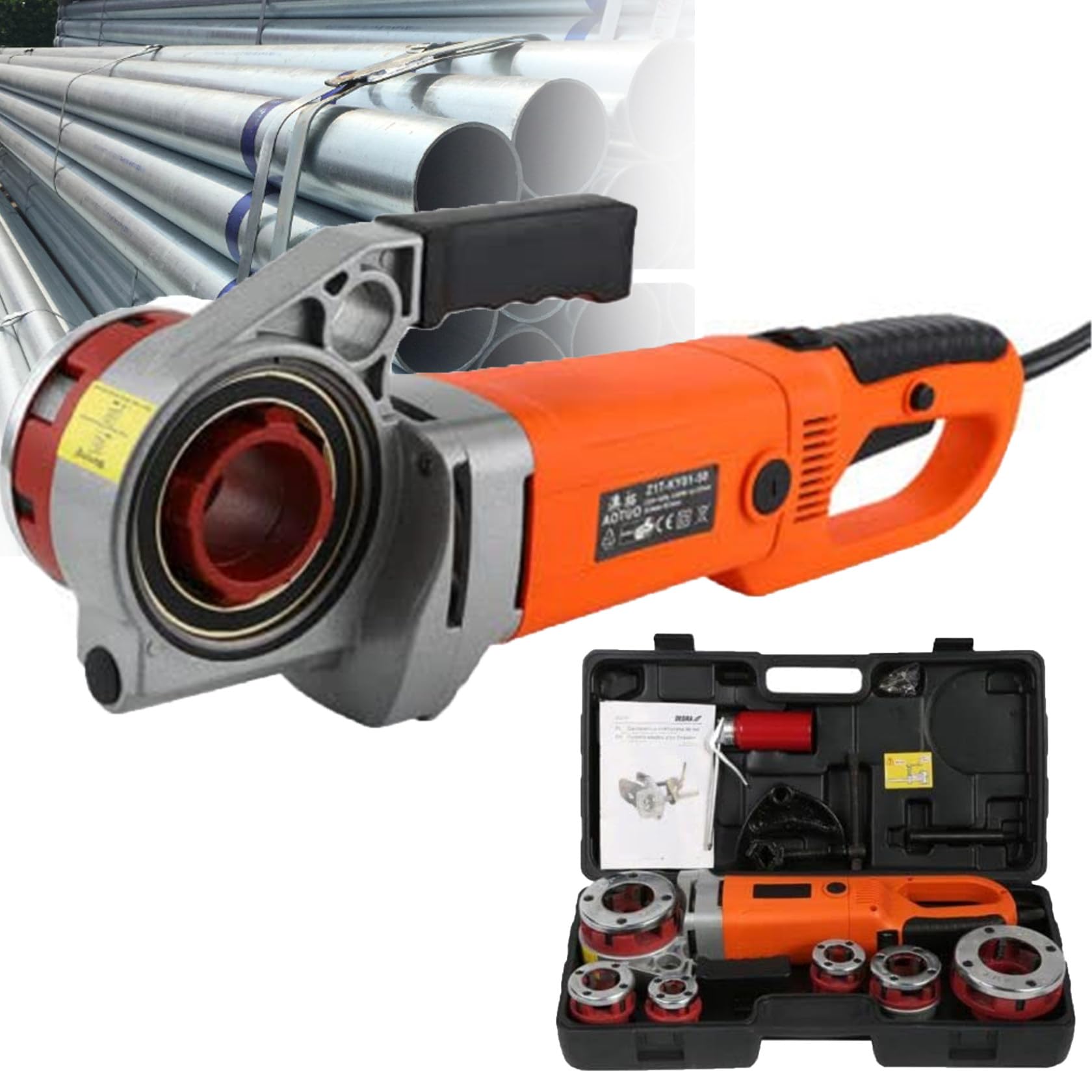 【第四次元制限事項P4倍】2300W 導管ねじ切り機ヘビーデューティハンドヘルドパワードライブキット、明かり導管ねじ切りツールキットタッピングマシンパイプカッター、6つのダイ1/2in、3/4in、1in、1in-1/4in、1in付き添い人 -1/2in
