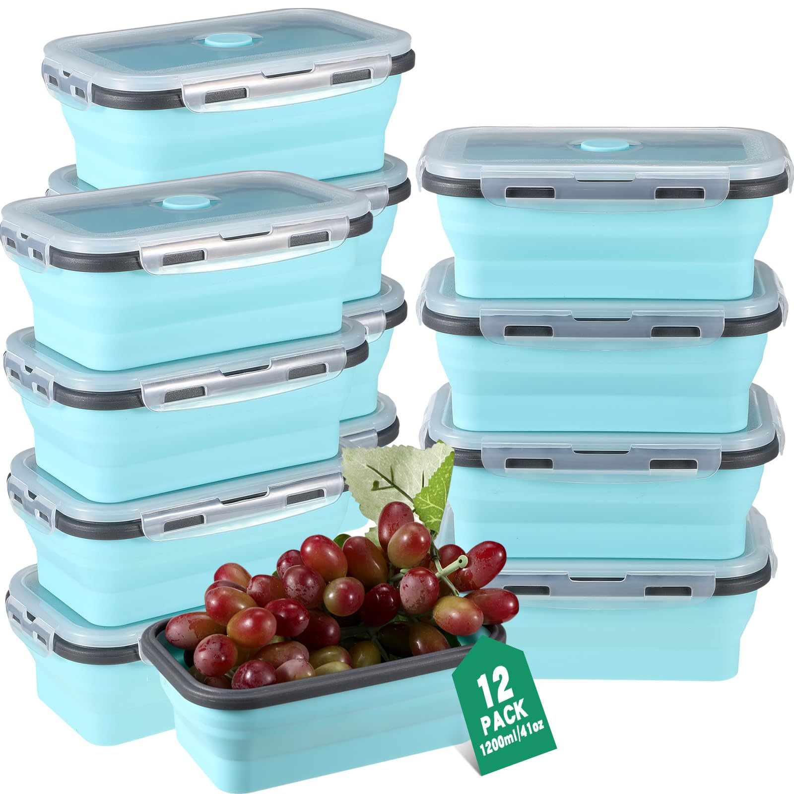 折りたたみボウル 12個パック 27オンス バルク長方形シリコン食品保存容器 キッチン スタッキング ランチボウル 密閉蓋付き RV キャンプ 電子レンジ 食器洗い機対応 (グレーエッジブルー)｜ビードゥー喜幸 9,364円