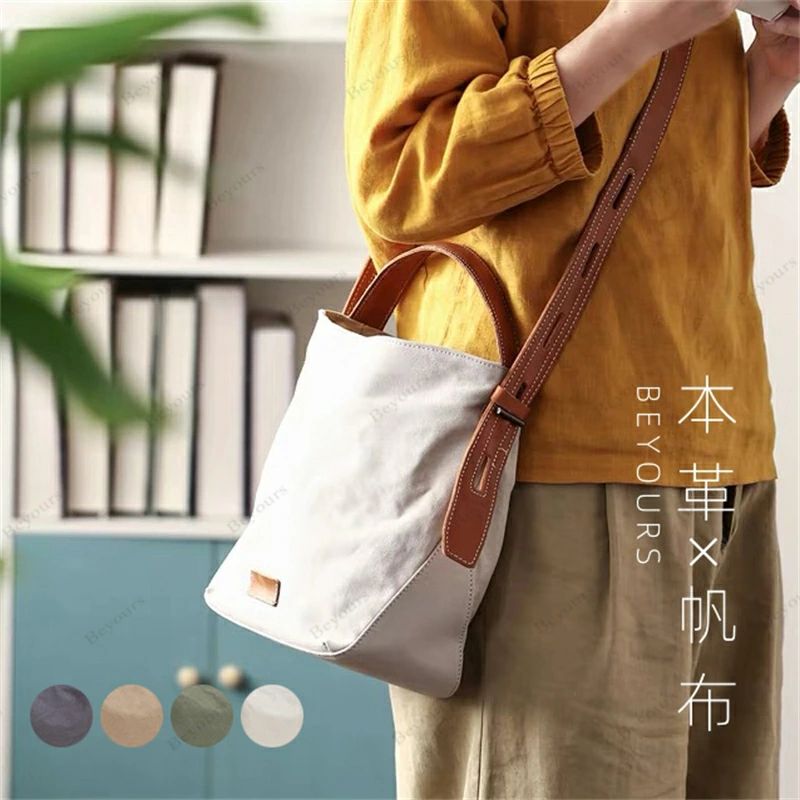 本革キャンバス B5収納 ハンドバッグ ミニトートバッグ 斜めがけ 厚手 本革 牛革 帆布 バッグ 2WAY トートバッグ ボストンバッグ 持ち｜ビードゥー喜幸