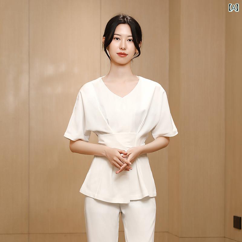 エステ 制服 赤ちょうちん 診療所 ユニフォーム 春夏 揉み療治 スパ 半袖 ズボン下 背広 白いこと 黄色 さくら色