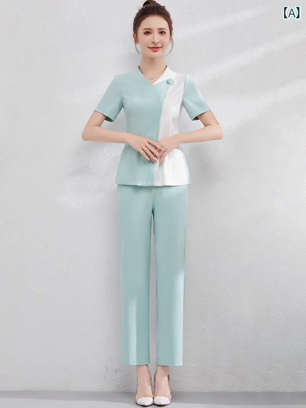 エステ ユニフォーム 9分 半袖 春夏 秋 制服 サロン 技術者 作業服 レディース ピンク 緑 グレー 無地 ファスナー 速乾 ストレッチ 通気｜ビードゥー喜幸