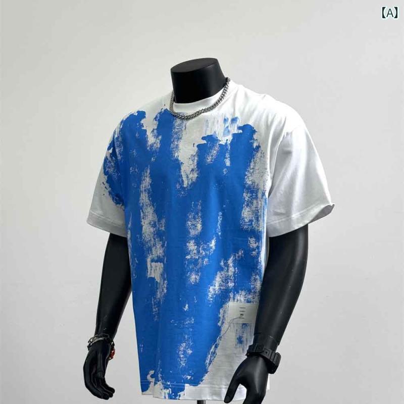 メンズ Tシャツ 半袖 夏 トップス 白に青 黒に白 フロント：２色のペイントプリント ラウンドネック ヴィンテージ アメリカン ストリート ペイントアートデザイン 綿 カジュアル グラフィック