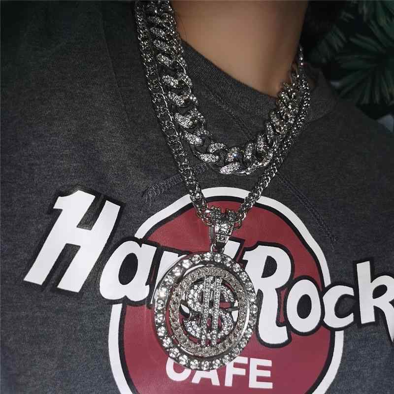 太い チェーン ネックレス 極太 マイアミ キューバン ヒップホップ ごつい ラップ アメリカン ストリート ICED OUT アイスアウト ストーン メンズ 個性 ドル 回転 ペンダント