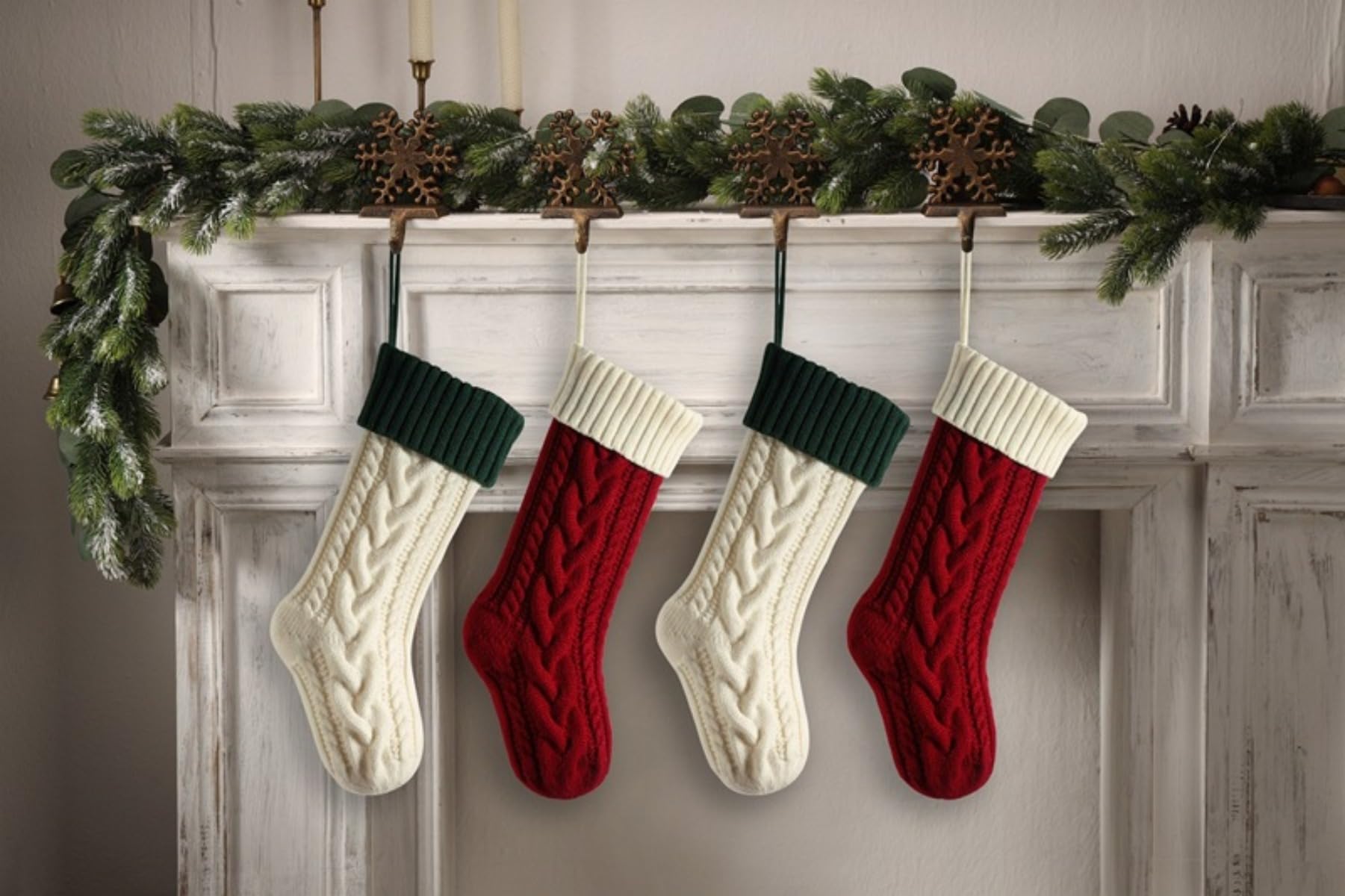 クリスマスストッキング 4パック 18インチ Lサイズ ケーブルニットストッキング ギフト クリスマスデコレーション 家族 休日 クリスマスパーティー バーガンディ&アイボリー&グリーン