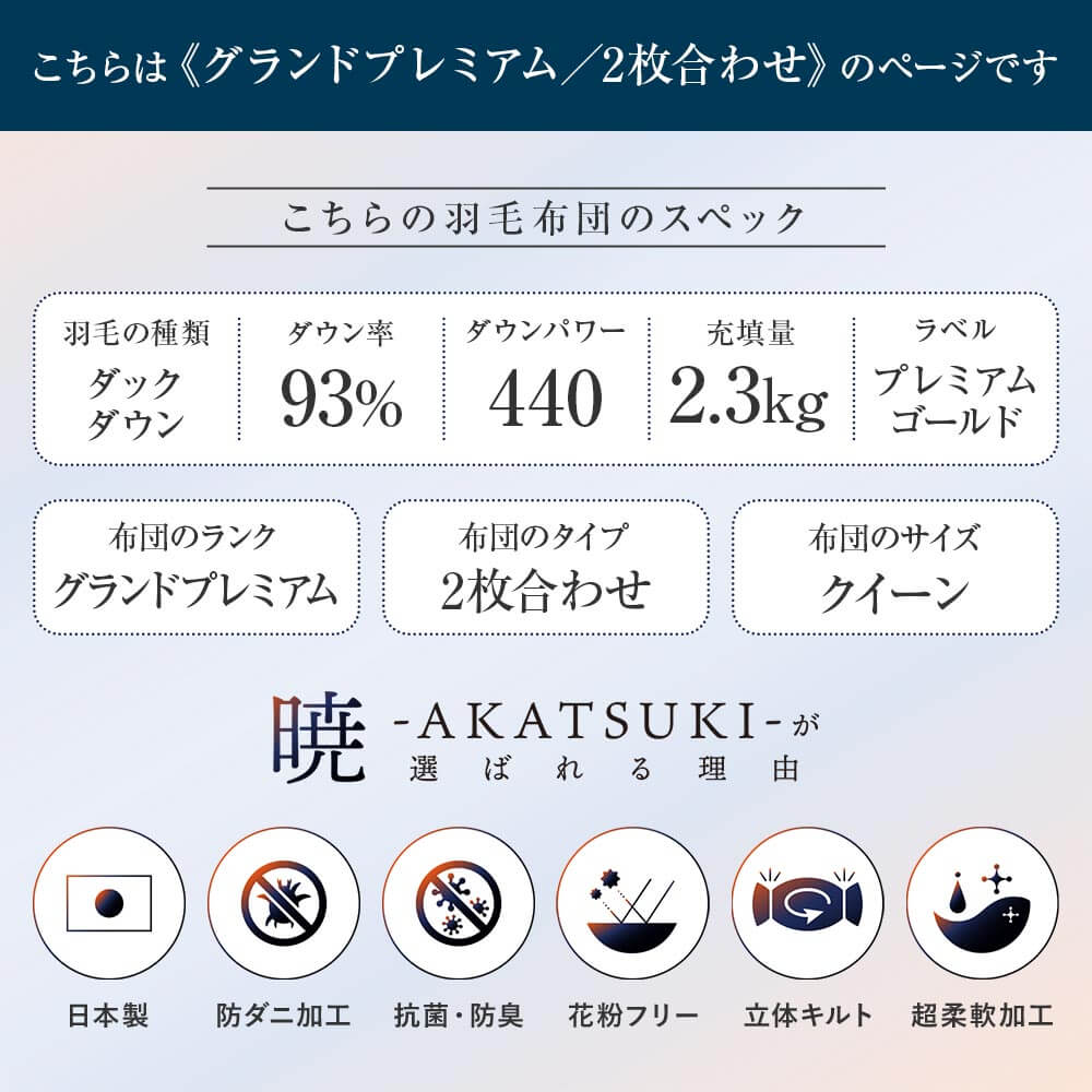 暁 AKATSUKI 2枚合わせ ダウン率93% 羽毛布団 日本製 グランド