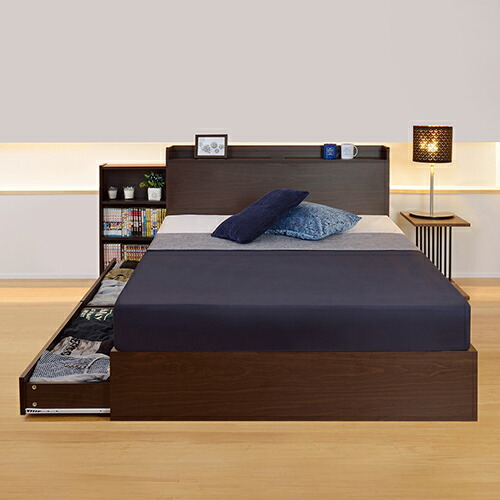 シングルベッドフレーム ダークブラウン 引き出し付き マットレス