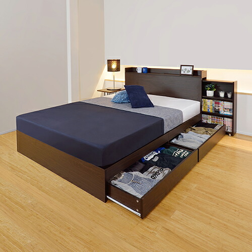 楽天市場】本棚付引出し収納ベッド ダークブラウン セミダブルサイズ