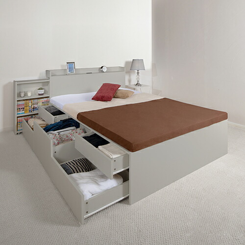 楽天市場】本棚付引出し収納ベッド ホワイト セミダブルサイズ ベッド