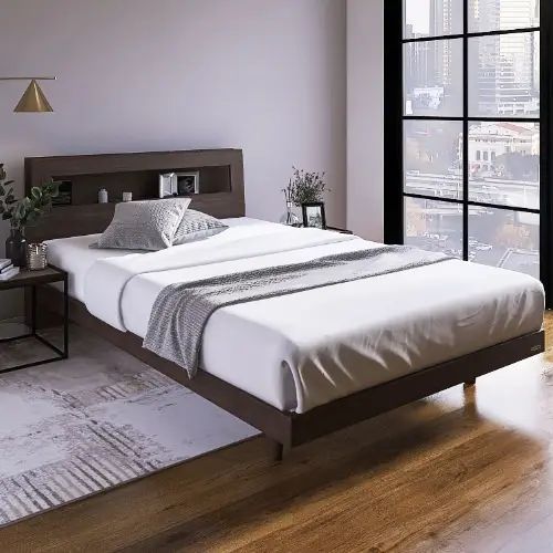 [ベッド シングル] フランスベッド 幅98cm 収納付き 照明付き すのこ マットレス付き 脚付き 棚付き コンセント付き 防ダニ 抗菌 防臭 日本国産 ウォルナット柄 モダン 高級感 フランスベッド 高さ調整 低ホルムアルデヒド 90,246円