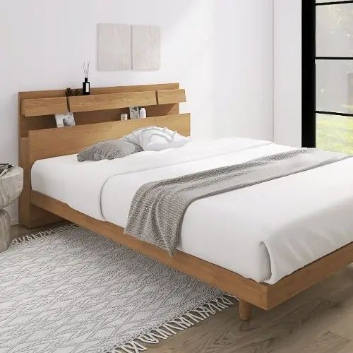 [ベッド ダブル] フランスベッド 幅155cm 収納付き すのこ 照明付き マットレス付き 脚付き 棚付き コンセント付き 防ダニ 抗菌 防臭 日本国産 北欧風 ナチュラル モダン 木目調 フランスベッド 高さ調整 低ホルムアルデヒド