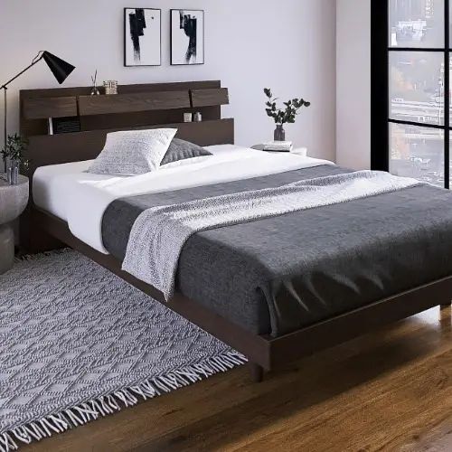 [ベッド ダブル] フランスベッド 幅155cm 収納付き すのこ 照明付き マットレス付き 脚付き 棚付き コンセント付き 防ダニ 抗菌 防臭 日本国産 ウォルナット柄 モダン 北欧風 フランスベッド 高さ調整 低ホルムアルデヒド