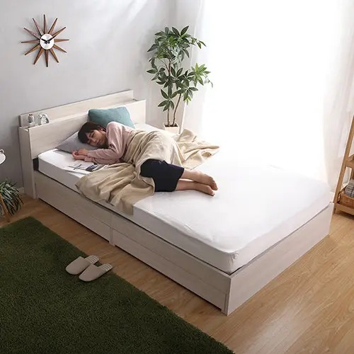 収納付きベッド セミダブルベッド 棚付き コンセント付き 引き出し付き ナチュラル 幅120cm 長さ206cm