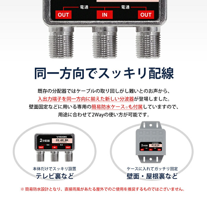 市場 同一方向で配線スッキリ テレビ 1年保証 全端子電通型 同一方向 4K TV 対応 簡易防水ケース付 8K アンテナ 2分配器 VISION