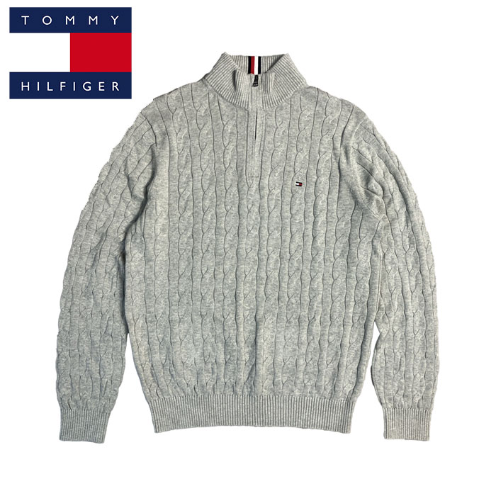 トミーヒルフィガー TOMMY HILFIGER ワンポイント ハーフジップ ケーブルコットン セーター グレー