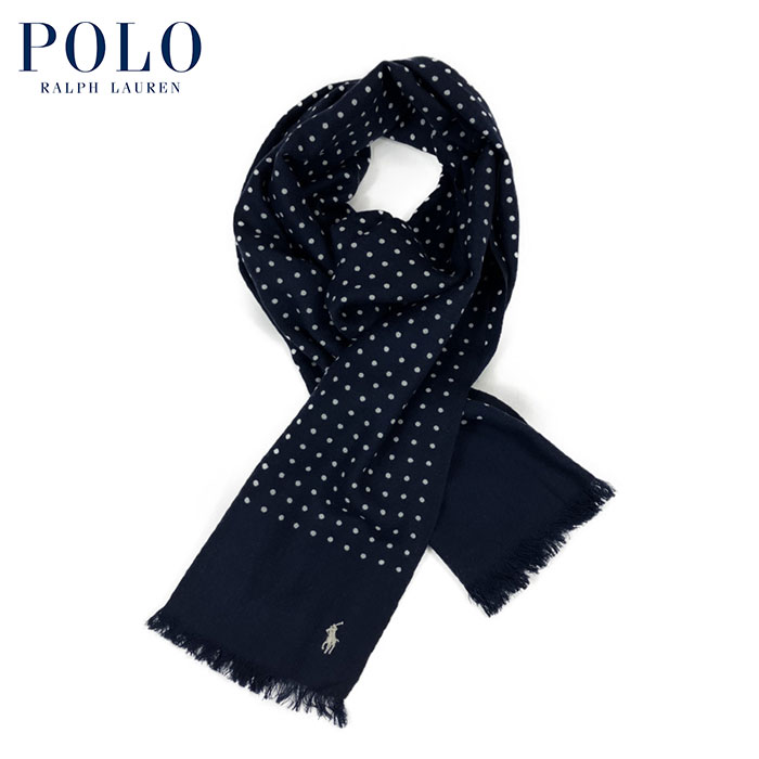 65%OFF【送料無料】 ラルフローレン POLO Ralph Lauren WOOL ウール ドット スカーフ ネイビー ホワイト