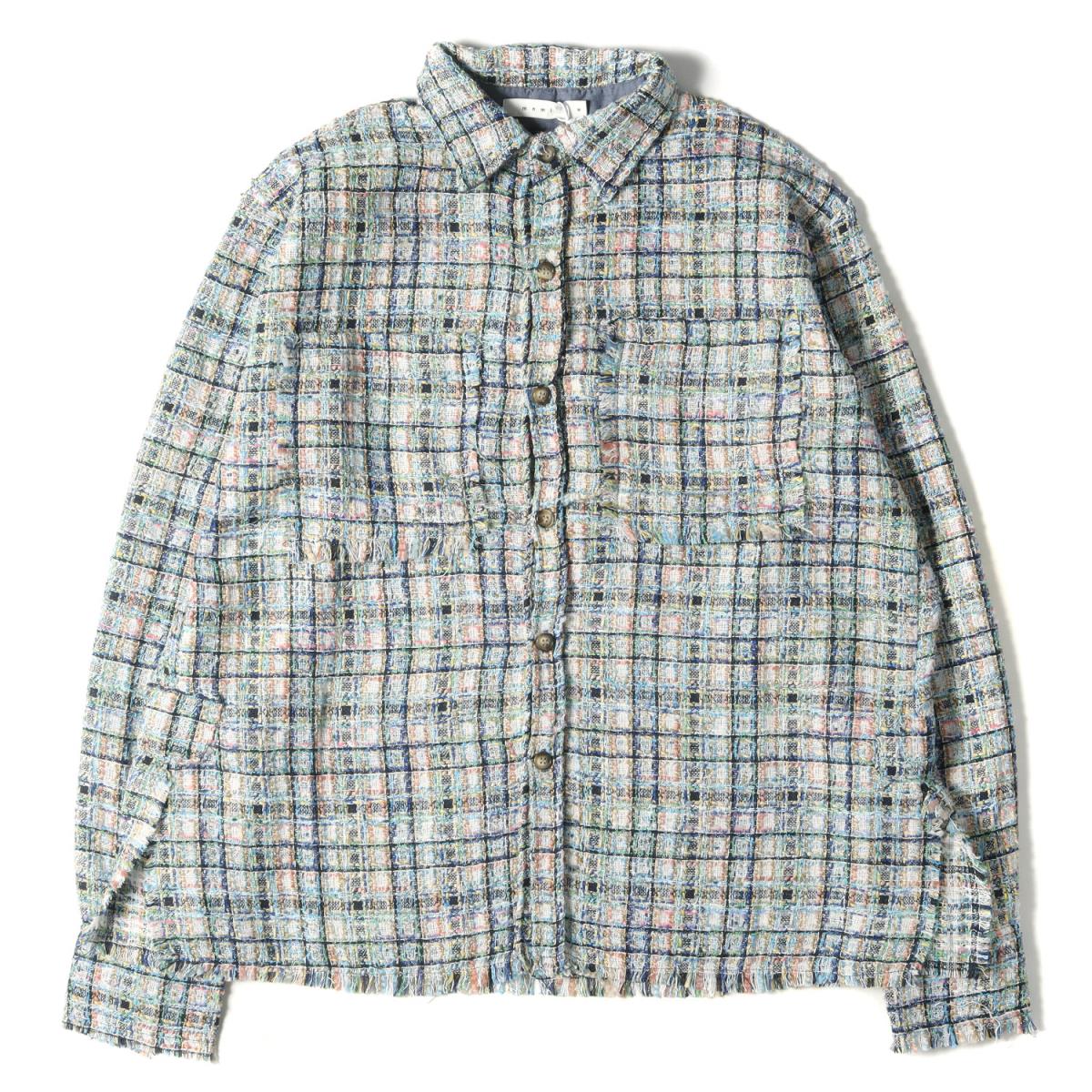 Mnml ミニマル ジャージ ラメ ツィード チェックマーク オーバーサイズシャツ Raw Edge Flannel Shirt 2020老い儀型 青味 純白 青白 M トップス 長袖 メンズ K3157 M Haitiopen Com