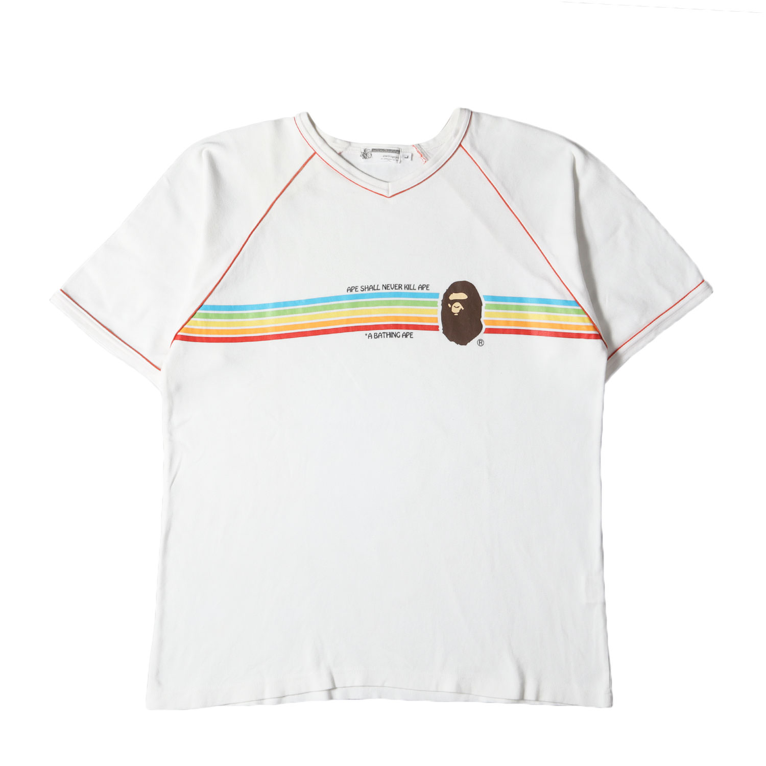 A BATHING APE ア ベイシング エイプ Tシャツ サイズ:L 00s レインボー猿顔 ラグラン パイピング ヘビー Vネック Tシャツ ホワイト 白 トップス カットソー 半袖【メンズ】【中古】【K4784】