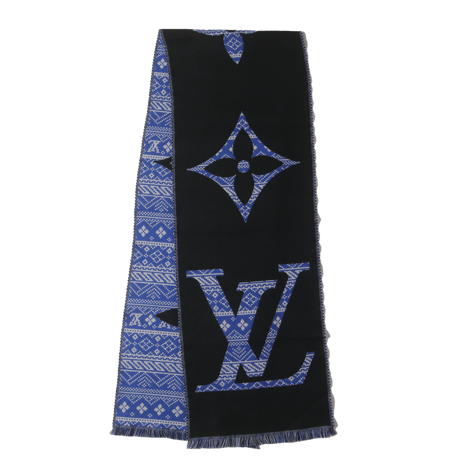 LOUIS VUITTON ルイヴィトン 22AW エシャルプ・モノグラム ツーサイディッド (M77946) ブルー ブラック グレー イタリア製 ブランド ファッション 雑貨 小物【メンズ】【中古】【美品】【K4746】