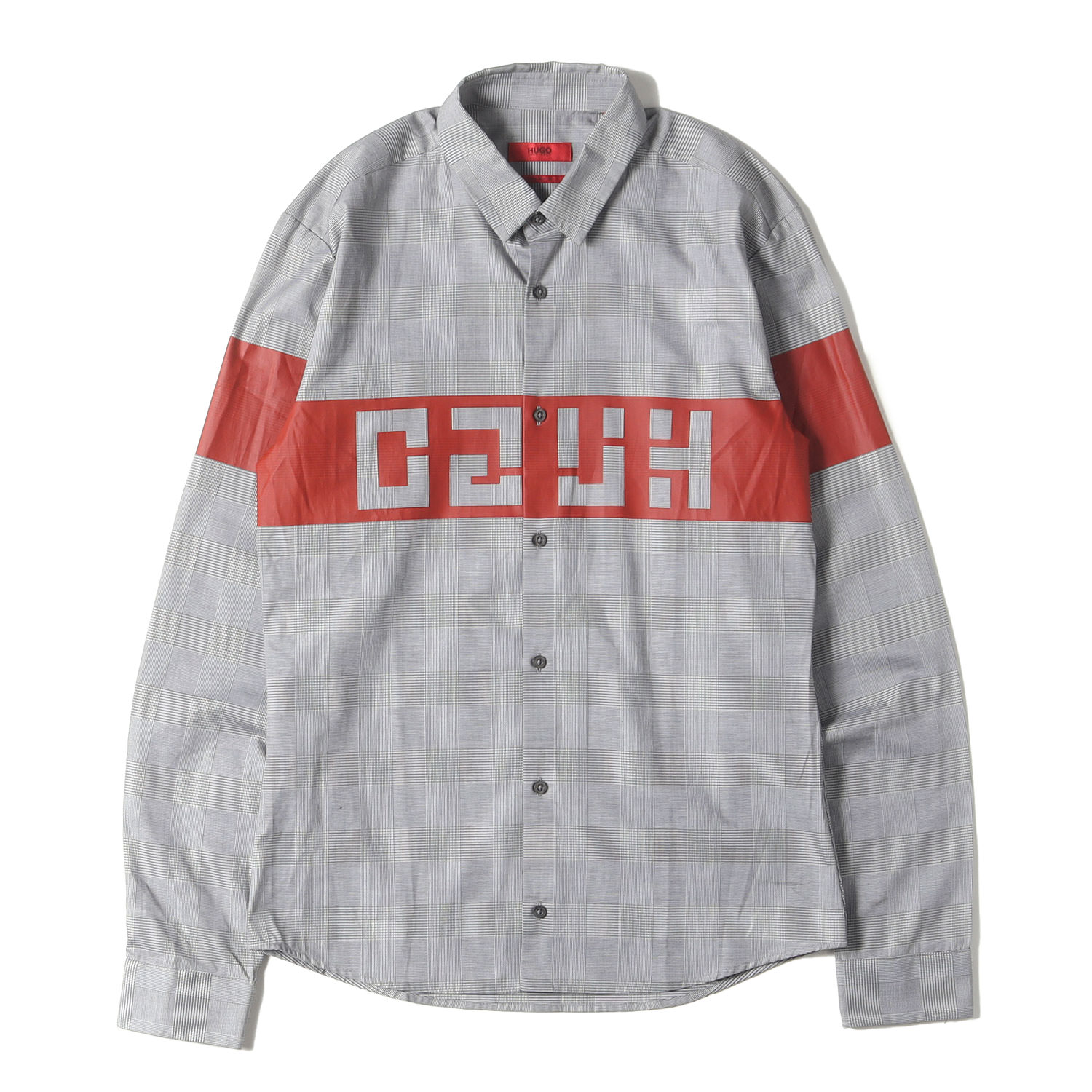 HUGO BOSS ヒューゴボス シャツ サイズ:XS / プリントデザイン グレンチェック コットン シャツ (Extra Slim Fit) / グレー / トップス カジュアルシャツ 長袖【メンズ】【中古】【美品】【K4774】