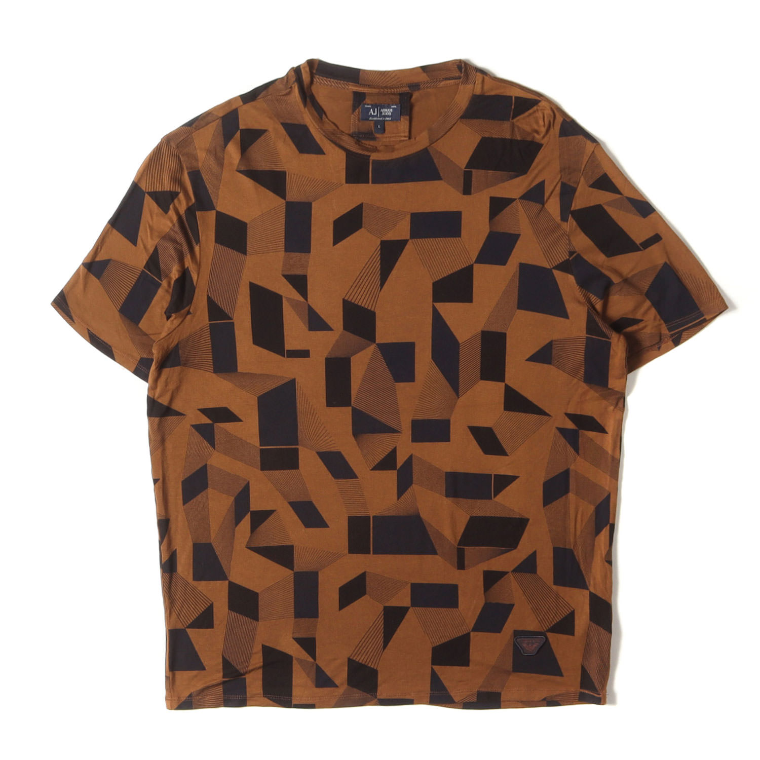 ARMANI JEANS アルマーニ ジーンズ Tシャツ サイズ:L / 近年モデル ジオメトリック ストレッチ ビスコース Tシャツ / ブラウン / トップス カットソー 半袖【メンズ】【中古】【K4746】