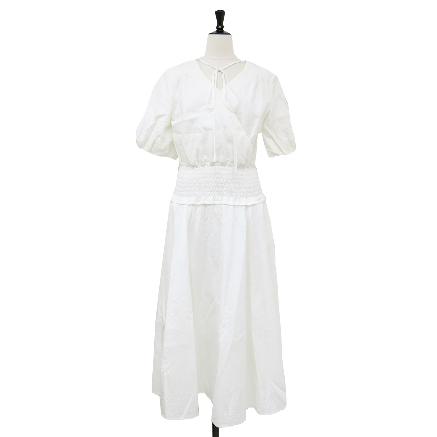 BORDERS at BALCONY ボーダーズアットバルコニー ワンピース ホワイト 白 サイズ:36 S / リゾート ドレス / RESORT DRESS ロング Vネック 半袖 パフスリーブ フレア カシュクール ガーゼ コットン / 日本製【レディース】【中古】【K4746】|ブランド古着のBEEGLE by Boo-Bee