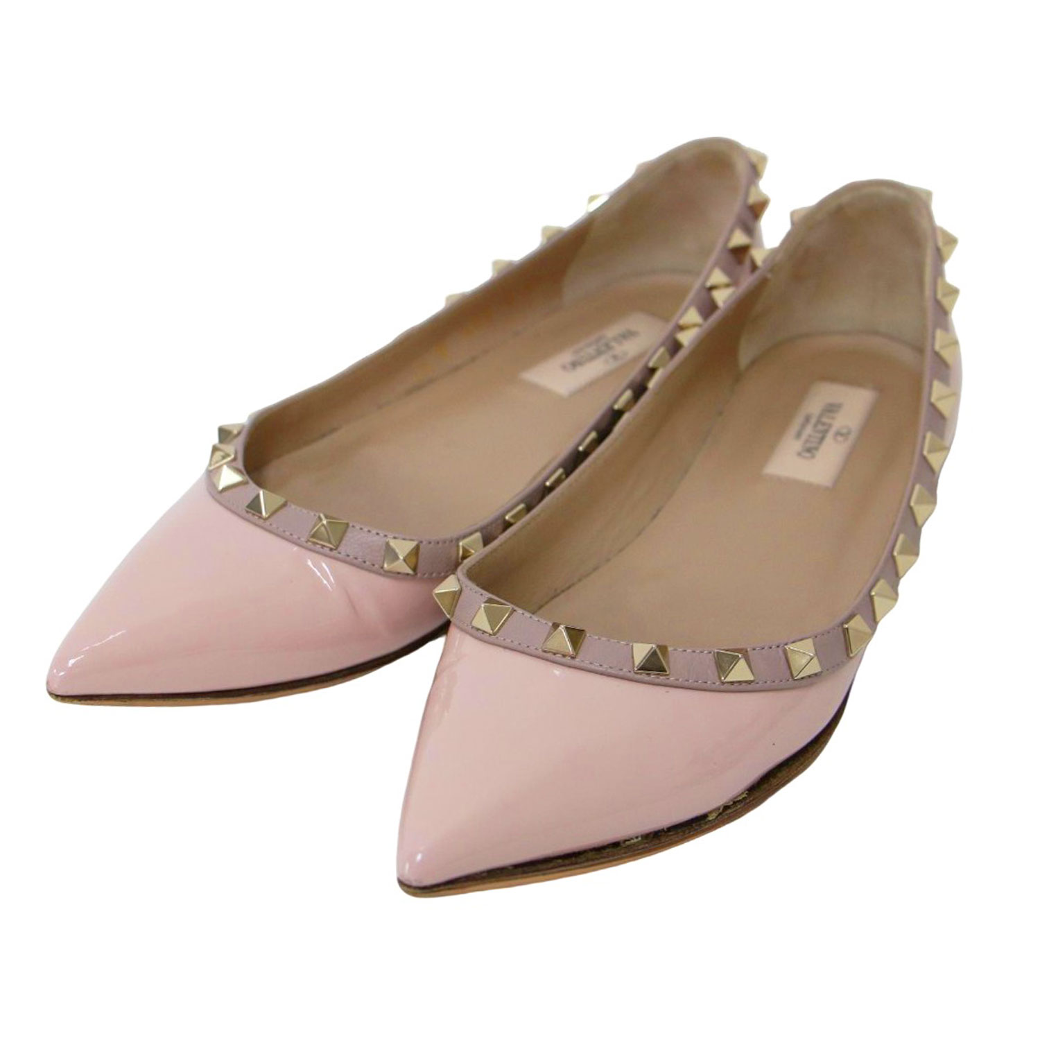 VALENTINO GARAVANI ヴァレンティノ ガラヴァーニ パンプス ピンク ゴールド サイズ:37(24.0cm) / ロックスタッズ フラット パンプス / ポインテッドトゥ エナメル レザー / イタリア製 / ブランド シューズ 靴【レディース】【中古】【K4774】 14,721円