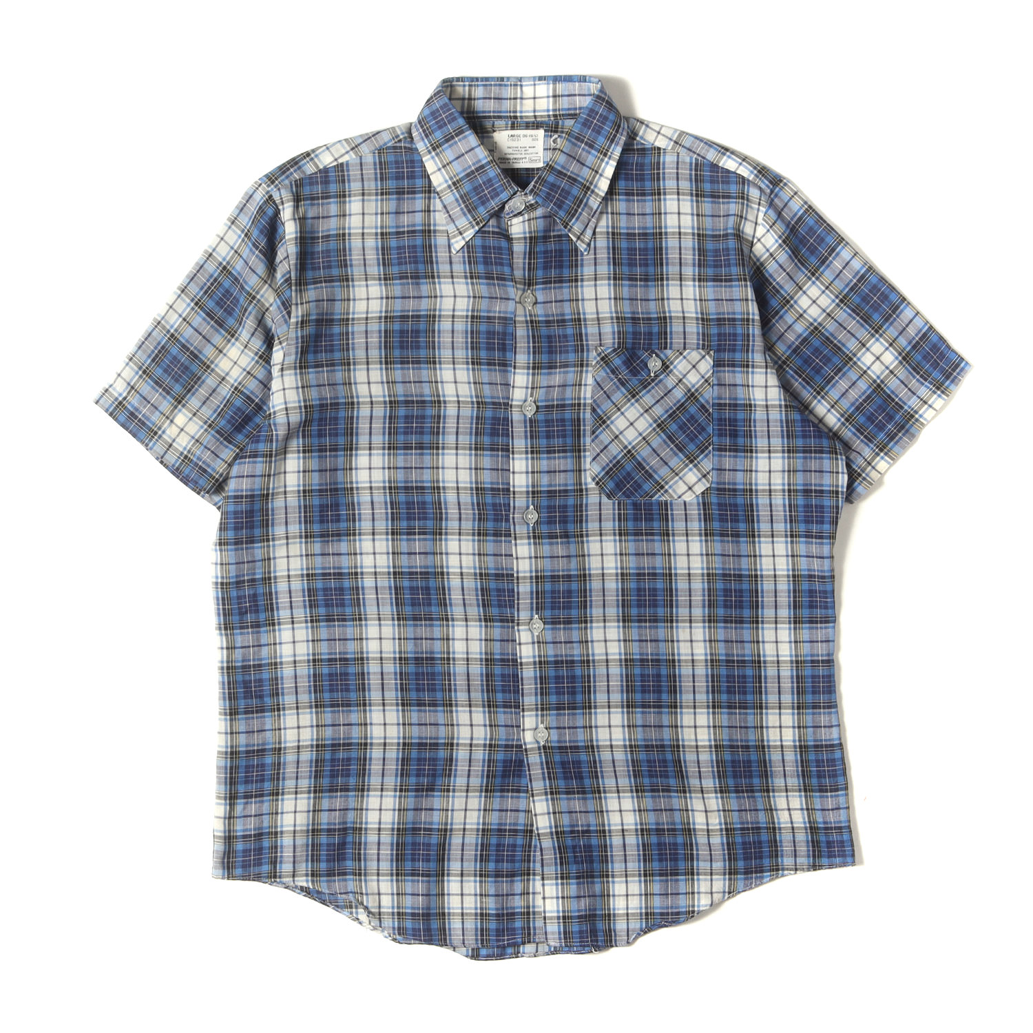 Sears シアーズ シャツ | 70s T/C マドラスチェック 半袖 ボタンシャツ / 台湾製 PERMA-PREST ブルー&times;ホワイトL【メンズ】【中古】【K4816】｜ブランド古着のBEEGLE by Boo-Bee