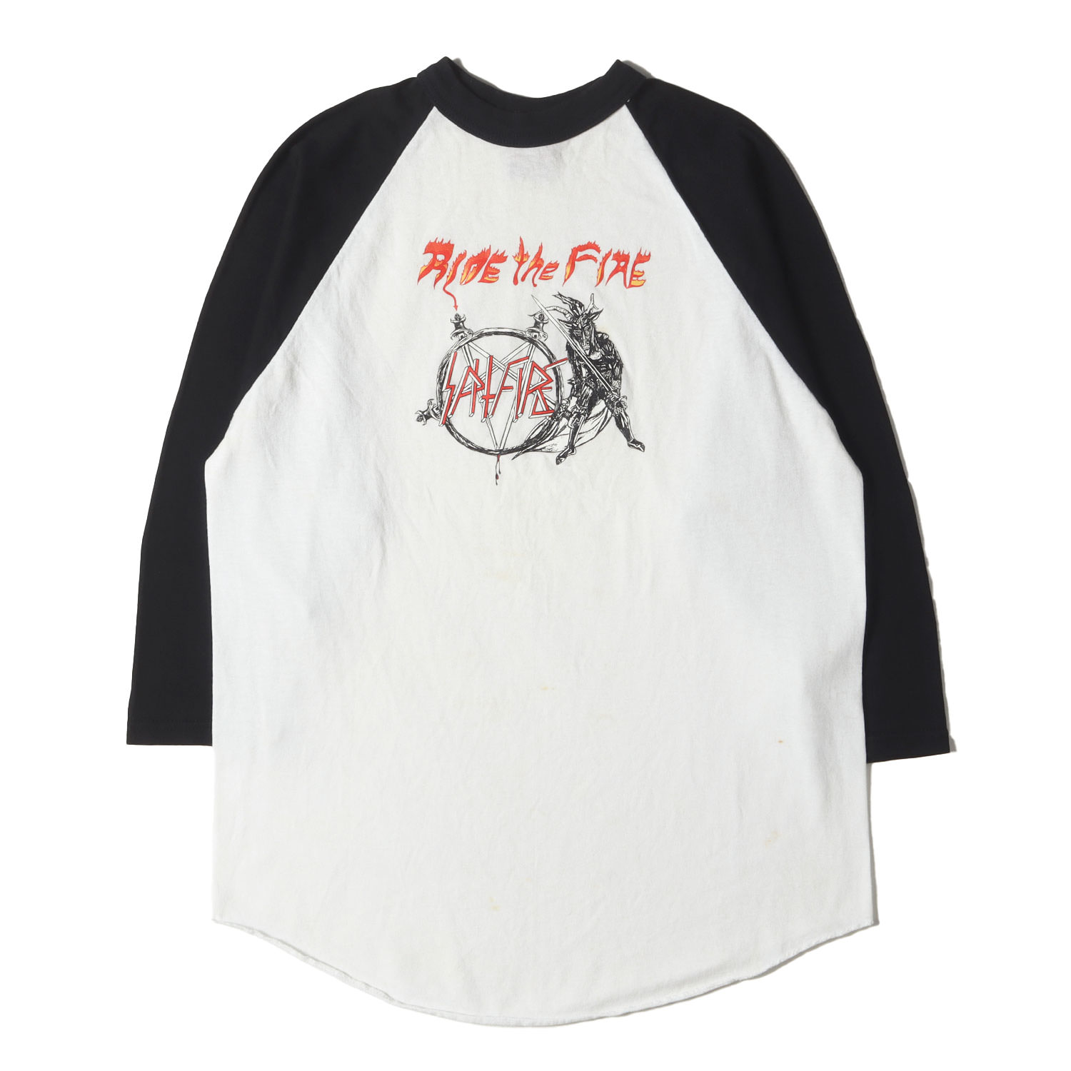 SPITFIRE WHEELS スピットファイヤー ウィールズ Tシャツ ブラック ホワイト 黒白 サイズ:M | 90s SLAYER パロディーロゴ ラグラン 7分袖 Tシャツ | USA製 | トップス カットソー 長袖 | 90年代 ヴィンテージ 古着【メンズ】【中古】【K4537】