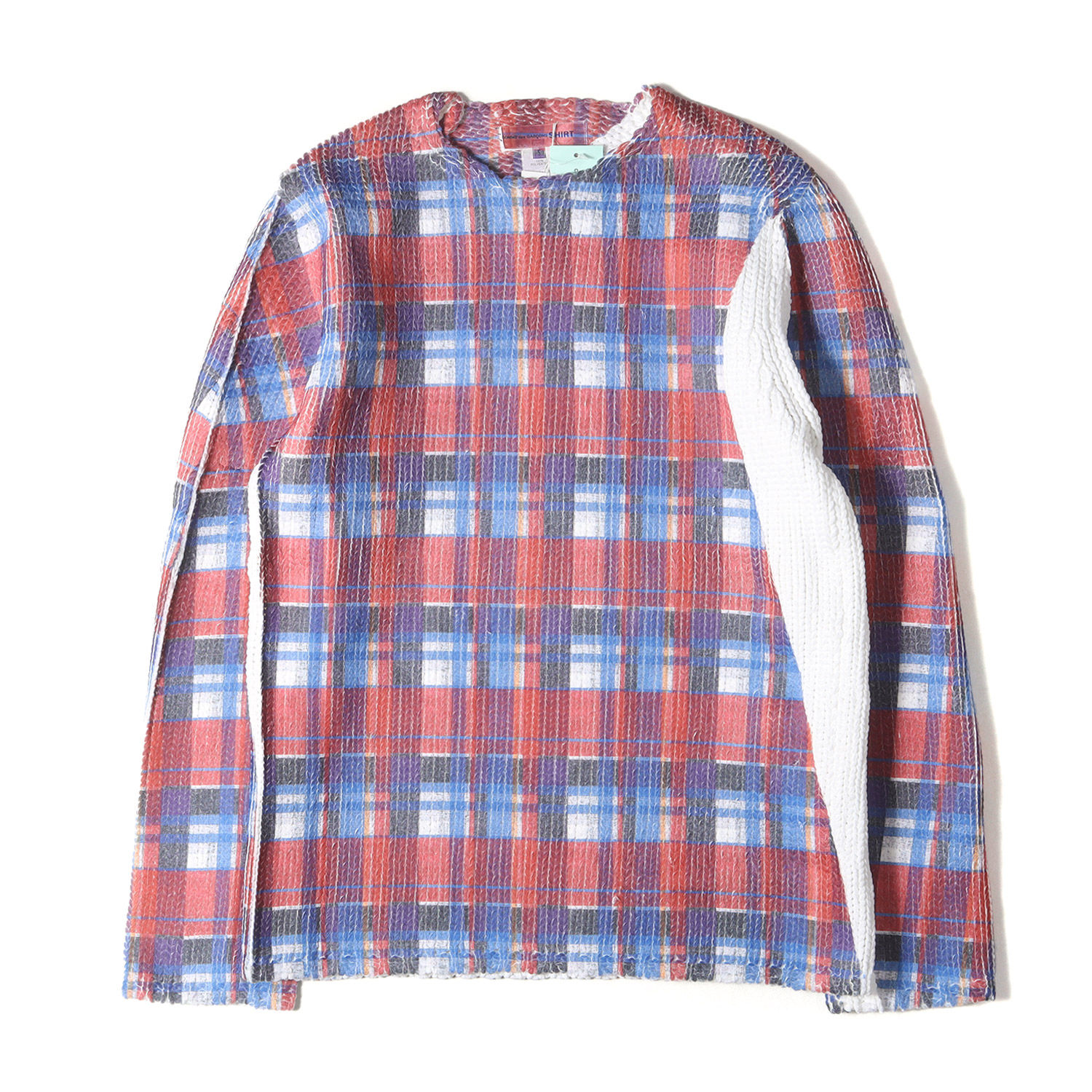 COMME des GARCONS SHIRT コムデギャルソン シャツ ニット ホワイト レッド ブルー系 サイズ:S | 25SS タータンチェック 転写プリント ミドルゲージ ポリ ニット (FO-N003) | 日本製 | トップス セーター【メンズ】【K4792】