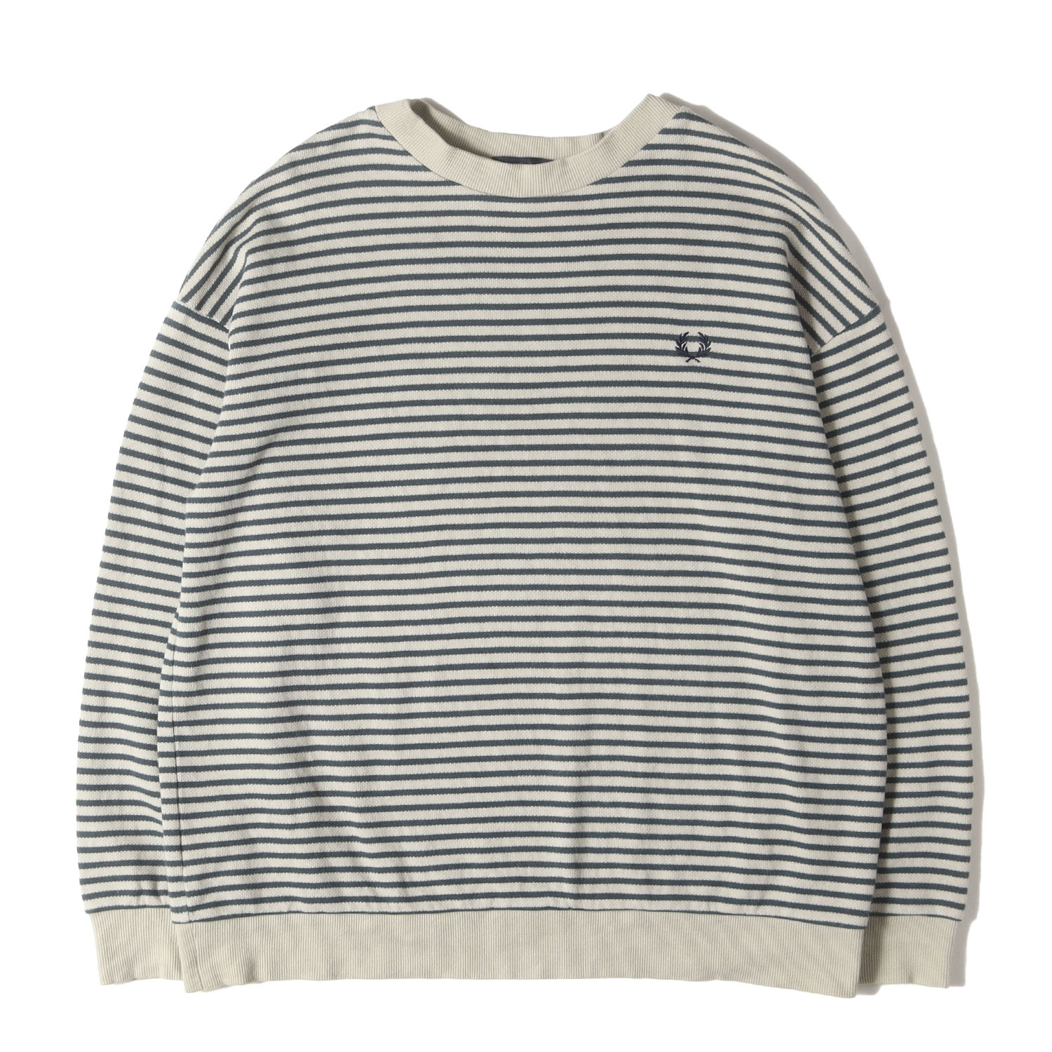 FRED PERRY フレッドペリー スウェット ベージュ×グリーン サイズ:M | BEAMS別注 鹿の子ボーダー スウェットシャツ | トップス トレーナー | コラボ 【メンズ】【中古】【美品】【K4884】|ブランド古着のBEEGLE by Boo-Bee